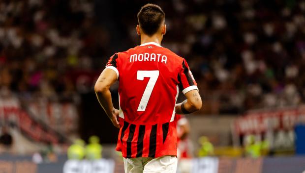 Alvaro Morata is in action during the Trofeo Berlusconi match between AC Milan and AC Monza in Milano, Italy, on August 13, 2024, at Stadio Giuseppe Meazza .