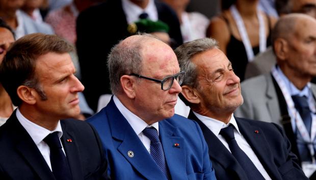 French president Emmanuel Macron, Prince Albert II of Monaco, Former french president Nicolas Sarkozy during ceremony for the 80th anniversary of the landing of Provence at the national necropolis of Boulouris in Saint-Raphael, France on August 15, 2024. Photo by Dominique Jacovides/Pool/ABACAPRESS.COM