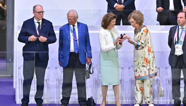 Albert II, Prince of Monaco, King Carl XVI Gustaf of Sweden, Queen Silvia of Sweden and Queen SofÃa of Spain during the closing ceremony of the 2024 Paris Olympic Games, at the Stade de France in Paris, France on August 11, 2024.