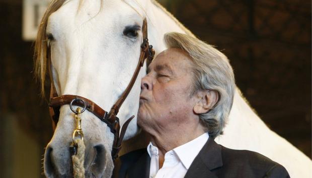 SEV09. SEVILLA, 26/11/2011.-El actor frances Alain Delon besa a un caballo durante su visita al SalÛn Internacional del Caballo de Pura Raza EspaÒola (SICAB), que se celebra en el Palacio de Congresos y Exposiciones (FIBES) de Sevilla. EFE/Juan Ferreras