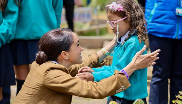 Prince Harry and Meghan Markle Duchess of Sussex Meghan Harry during a visit  school La Giralda in Bogota Colombia. 16 August 2024