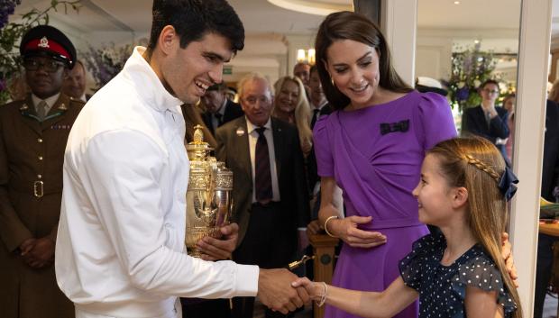 Carlos Alcaraz with Kate Middleton Princess of Wales and and Princess Charlotte during Wimbledon 2024 in London