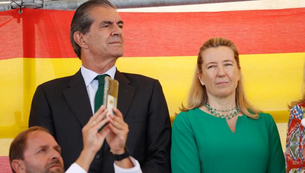 Cristina de Borbon Dos Sicilias and Pedro Lopez Quesada attending the Flag Pledge (Jura de Bandera and entrega de Despachos de empleo) ceremony Marin Naval Military Academy in Marin, Pontevedra on Tuesday, 16 July 2024.