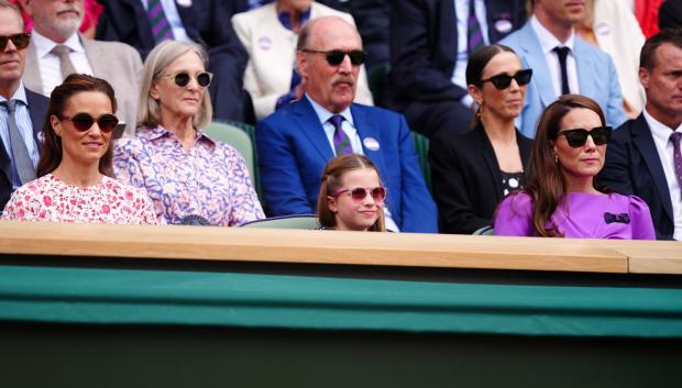 Pippa Middleton, Princess Charlotte and the Princess of Wales in the royal box on day fourteen of the 2024 Wimbledon Championships at the All England Lawn Tennis and Croquet Club, London. Picture date: Sunday July 14, 2024.