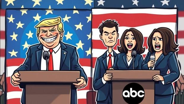 Ilustración del debate representando el tres vs uno que sufrió Trump