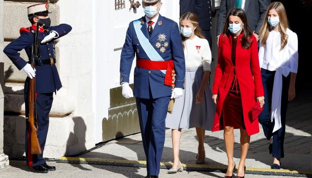 Spanish King Felipe VI and Queen Letizia Ortiz with daughters Princess of Asturias Leonor de Borbon and Sofia de Borbon attending a military parade during the known as Dia de la Hispanidad, Spain's National Day, in Madrid, on Monday 12, October 2020.