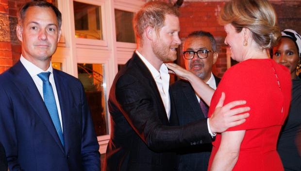 Outgoing Prime Minister Alexander De Croo, Prince Harry, Duke of Sussex, World Health Organisation WHO director-general Dr. Tedros Adhanom Ghebreyesus and Queen Mathilde of Belgium pictured during a high-level dinner on 'Violence against children and its impact on mental health' organized by WHO in New York City, United States of America, Sunday 22 September 2024.