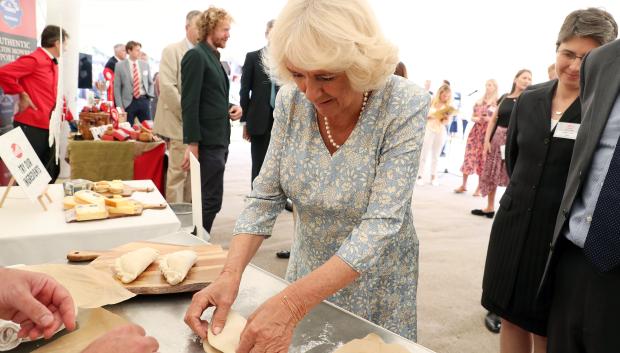 Camilla Parker Bowles , The Duchess of Cornwall during a garden party to celebrate the 50th anniversary of Ginsters bakery in Callington, as part of their visit to Cornwall.