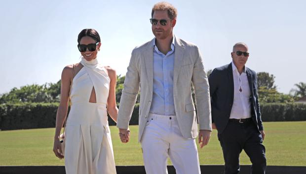 Britain's Prince Harry, Duke of Sussex and Meghan Markle , Duchess of Sussex  during the Royal Salute Plo Challenge in Wellington, Florida, US. on April 12, 2024.