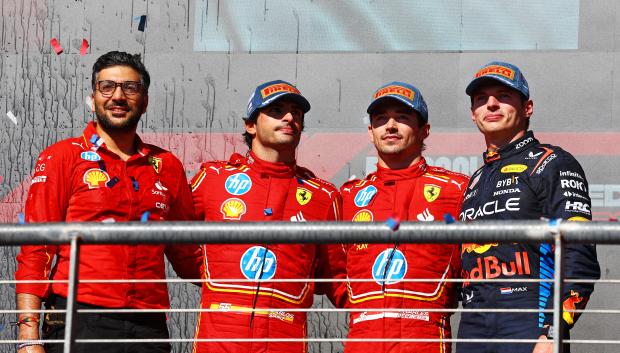 Charles Leclerc, Carlos Sainz y Max Verstappen en el podio