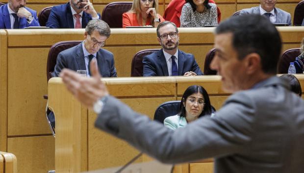 El presidente del Gobierno, Pedro Sánchez, interviene durante su segundo 'cara a cara' en el Senado