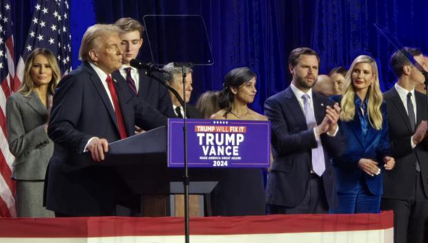 Former President Donald Trump with Melania Trump and son Barron Trump , Politician JD Vance and Ivanka Trump celebrating the Republican presidential race at the victory party in West Palm.