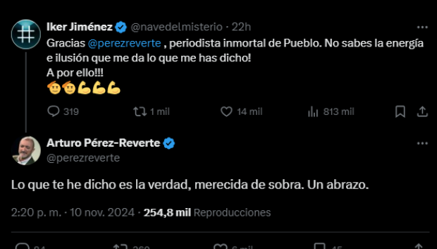 Intercambio de mensajes en X entre Iker Jiménez y Pérez-Reverte