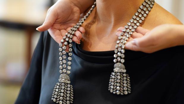 One of the rarest antique diamond necklaces on display at Sotheby's in central London before it is presented for the very first time at auction in November.