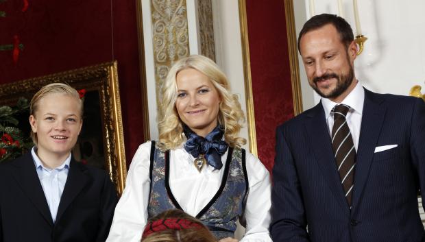 L-R Marius Borg Hoiby, Crown Princess Mette-Marit and Crown Prince Haakon pictured at the Christmas family photo session with the Norwegian Royal Family at the Royal Castle in Oslo, Monday December 19, 2011.