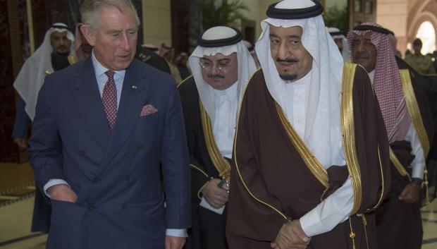 Prince Charles of Wales attended a bilateral meeting with King Salman bin Abdulaziz Al Saud (right) at Al Ergah Palace, Riyadh, on the fourth day of his tour to the Middle East.