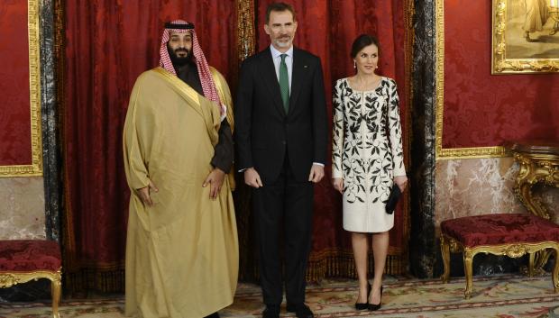 Spanish Kings Felipe VI and Letizia with Mohamed Bin Salman Bin Abdulaziz Al Saud during a luncheon ceremony for Arabia Saudi Prince on ocassion of his official visit to Spain in ZarzuelaPalace, Madrid on Thursday , 12 April 2018