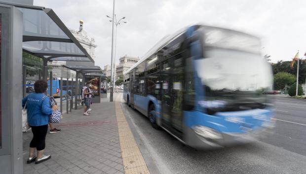 Un autobús de la Empresa Municipal de Transportes (EMT), pasa por una marquesina de la plaza de Cibeles