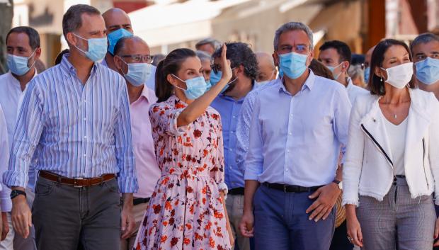 Spanish King Felipe VI and Queen Letizia Ortiz with minister Reyes Maroto and José Javier Izquierdo during a visit to Soria on their travel to Castilla y Leon in Soria on Wednesday, 15 July 2020.