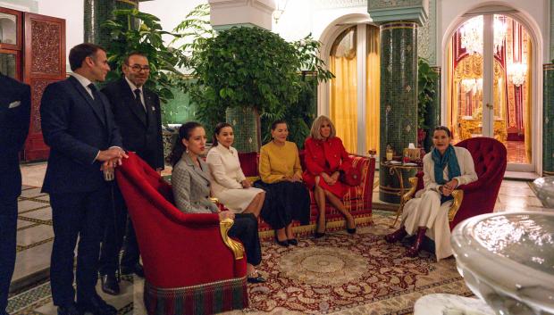 Emmanuel Macron, King Mohammed VI, Lalla Khadija, Lalla Asma, Laila Hasna, Brigitte Macron, Laila Meryem attending signing ceremony in Rabat, Morocco, on October 28, 2024, on the first day of the French president‚Äôs State Visit to the Kingdom.