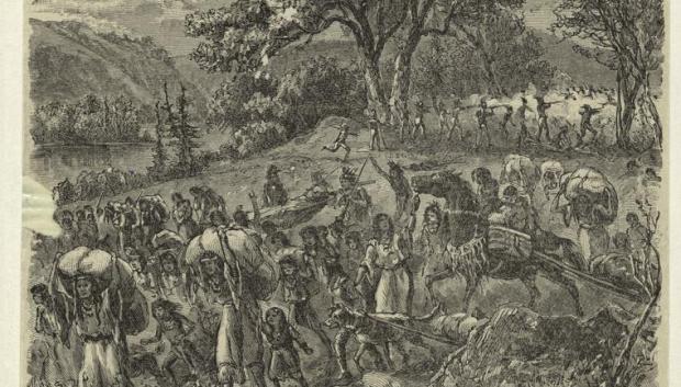 Mujeres y niños indios durante la batalla de Bad Axe