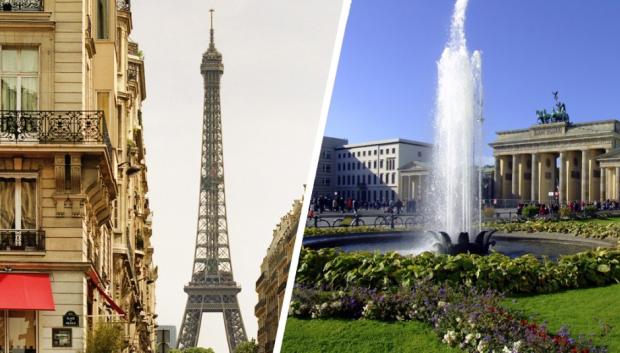 En el lado izquierdo de la imagen, la ciudad de París, en el derecho, Berlín