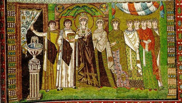 Emperatriz Teodora con Antonina esposa del general Belisario, su hija y otras damas de la corte (mosaico de Iglesia de San Vital de Rávena, siglo VI)