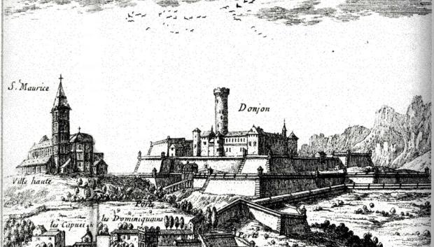 Grabado de la ciudadela y mazmorra de Pignerol, en Piamonte, Italia (c. 1650)