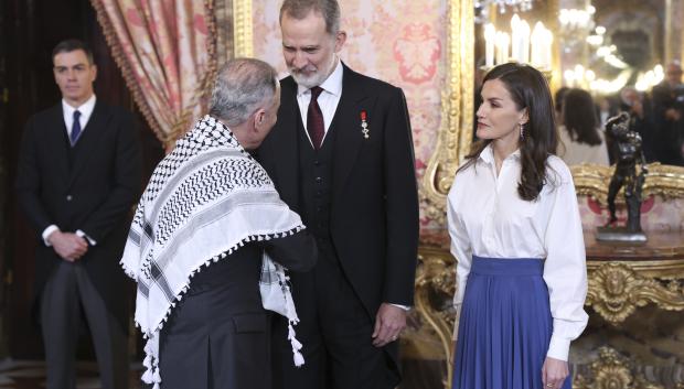 Spanish King Felipe VI and Letizia during a reception with the diplomatic corps accredited in Madrid on Thursday, 9 January 2024.