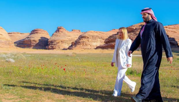 Saudi Crown Prince Mohammed bin Salman Al Saud (also known as MBS) receives Italian Prime Minister Georgia Meloni under a tent, in the northern historical resort of Al Ula, Kingdom of Saudi Arabia on January 26, 2025. Photo by Balkis Press/ABACAPRESS.COM