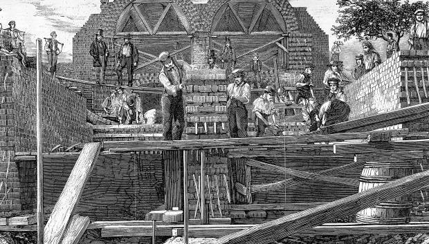 Construcción de las alcantarillas en 1859, cerca de Old Ford, Bow en East London