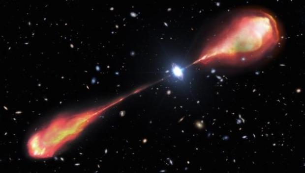 Esta ilustración del artista muestra el chorro de radio más grande jamás encontrado en el universo temprano