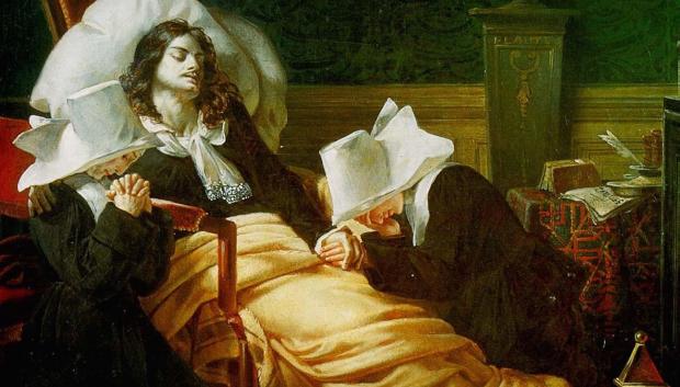 Molière muriendo, asistido por dos hermanas de la caridad , cuadro de Pierre-Auguste Vafflard (1806)