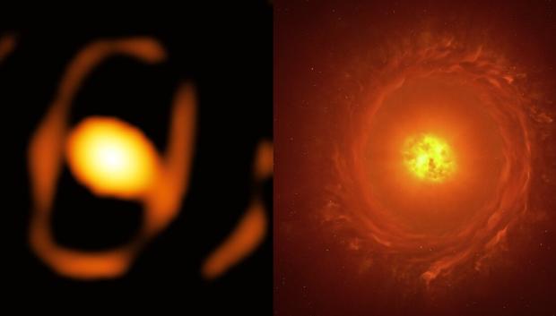 Imagen de la estrella WOH G64 junto a una reproducción artística