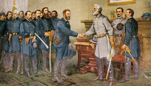 La rendición del General Lee al General Grant en Appomattox Court House, Virginia, 9 de abril de 1865