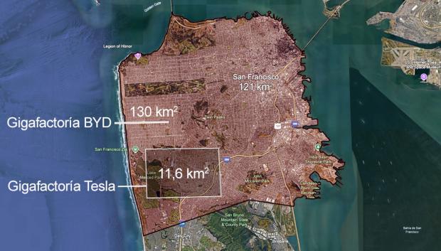 La factoría BYD superpuesta sobre la ciudad de San Francisco y la de Tesla para comparar el tamaño