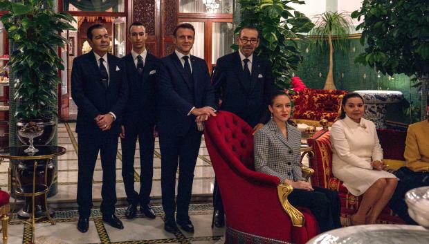 Prince Moulay Rachid, Moulay Hassan or Al Hassan, Emmanuel Macron, King Mohammed VI, Lalla Khadija attending signing ceremony in Rabat, Morocco, on October 28, 2024, on the first day of the French president’s State Visit to the Kingdom.