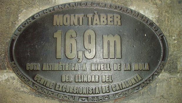Placa que señala actualmente el punto más alto del monte Táber, en el barrio gótico de Barcelona.