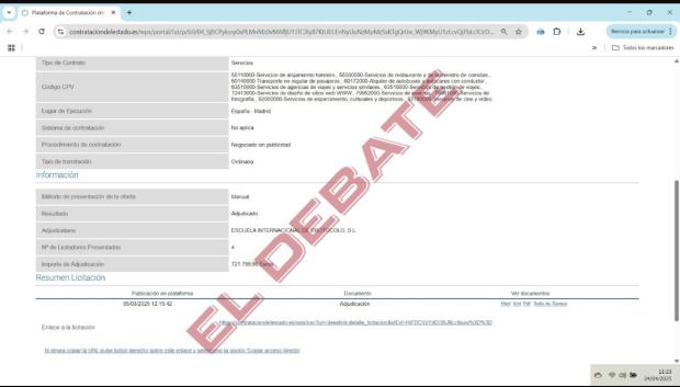 Pantallazo del portal de Transparencia en el que se refleja la situación del contrato adjudicado por el presidente del TC