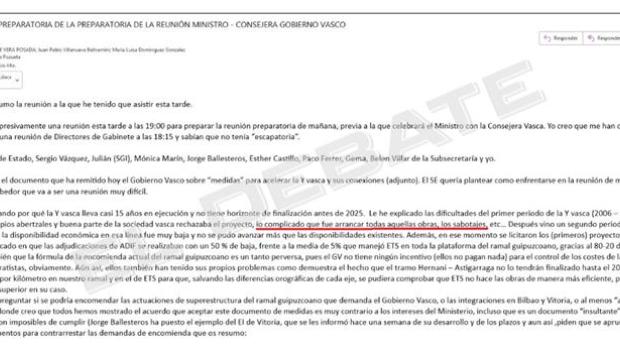 Imagen del correo interno de ADIF, enviado por Raúl Míguez a Isabel Pardo de Vera