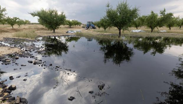 Varios operarios trabajan en la contención de la fuga de petróleo del oleoducto de Repsol que se ha producido por la rotura de la tubería este jueves en el municipio de Calasparra (Murcia). Un vertido de petróleo por una rotura en el oleoducto que va de Cartagena a Puertollano (Ciudad Real) ha contaminado parcialmente una finca rural de Calasparra (Murcia), según ha informado Protección Civil. Se ha tenido conocimiento del incidente a través de una llamada al 112 en torno a las 12,15 horas realizada por un agricultor que informaba de la rotura de una tubería en una parcela agrícola en el municipio de Calasparra. EFE/ Marcial Guillén