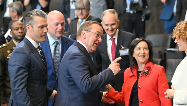 (LtoR) US Secretary of Defence Pete Hegseth (L), US Ambassador to NATO Matthew Whitaker Germany's Defence Minister Boris Pistorius and Spain's Defence Minister Margarita Robles arrive for a NATO Defence Ministers meeting at the NATO headquarters, in Brussels, on June 5, 2025. (Photo by NICOLAS TUCAT / AFP)