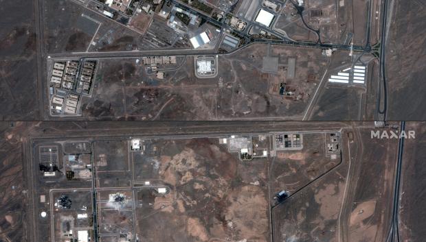 Combinación de imágenes creadas el 22 de junio de 2025 usando imágenes satelitales publicadas por Maxar Technologies muestra la instalación de enriquecimiento nuclear de Natanz de Irán el 15 de junio de 2025 (arriba), y la instalación de enriquecimiento nuclear de Natanz de Irán en el centro de Irán después de los ataques estadounidenses el 22 de junio de 2025.