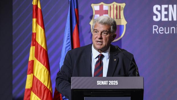 El presidente del FC Barcelona, Joan Laporta, en su discurso ante el Senado del club