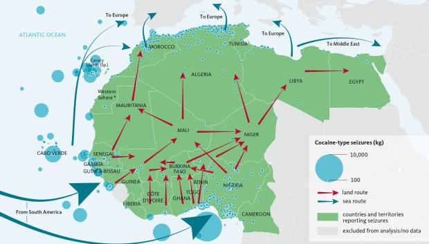 Principales rutas de la cocaína desde África hasta Europa