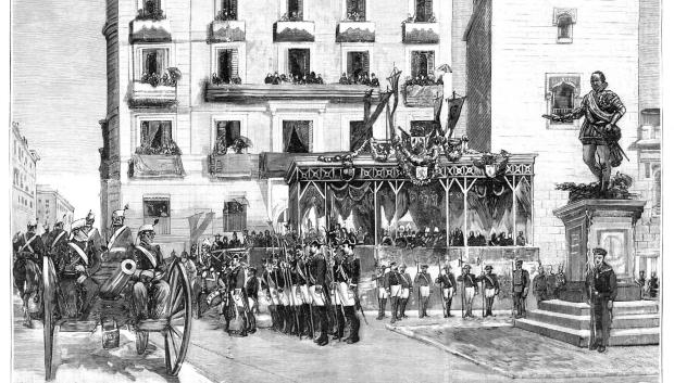 Dibujo por Juan Comba ilustrando la inauguración del monumento a Álvaro de Bazán en 1891