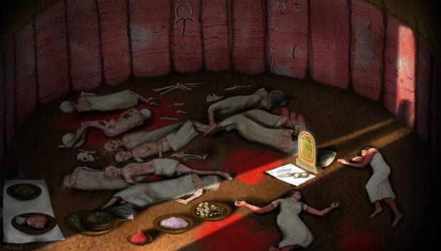 Recreación del interior de la cámara funeraria grande con los cuerpos hallados y de la estela de una divinidad