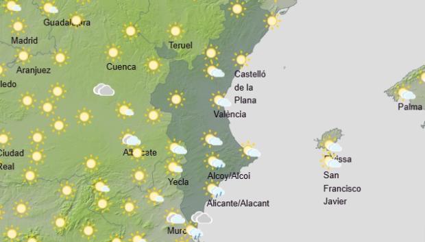 Mapa con la previsión de lluvias para este jueves por la mañana en la Comunidad Valenciana.