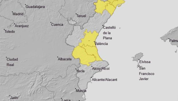 Mapa con las zonas en aviso amarillo por lluvias y calor este jueves 4 de septiembre en la Comunidad Valenciana.