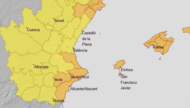 Mapa con los avisos por lluvias este martes 9 de septiembre en la Comunidad Valenciana.